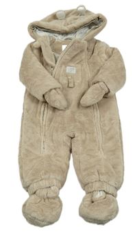 Béžová chlupatá zateplená kombinéza s nášivkou a kapucí s oušky + rukavice a capáčky KANZ