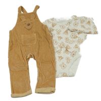 Nové - 3Set - Světlehnědé manšestrové laclové kalhoty s Pú + smetanové žebrované body a čepice s oušky Disney