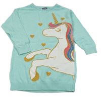 Mentolové svetrové šaty s jednorožcem a srdíčky 
