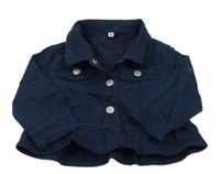 Tmavomodrá tepláková rifľová bunda s volánikom a golierikom