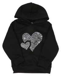 Čierna tepláková mikina so srdiečkami a kapucňou