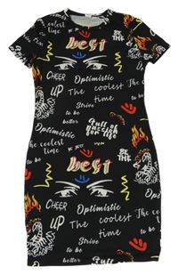 Čierne elastické šaty s nápismi a smajlíkmi a plamínky SHEIN