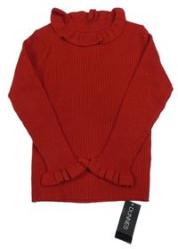 Nové - červený rebrovaný úpletový sveter s volánikmi St. Bernard