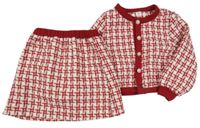 2Set - Bílo-červeno-světlerůžová vzorovaná teplá crop bunda + sukně SHEIN