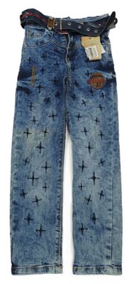 Nové - Modré skinny rifle so vzorom a opaskom Tati