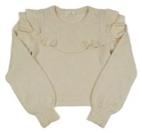 Smotanový vlnený crop sveter so vzorom a volánikmi H&M