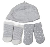 3Set - 1x - Šedá melírovaná čepice F&F + 2x - teplé ponožky