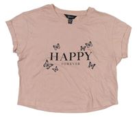 Ružové crop tričko s nápismi a motýlikmi New Look