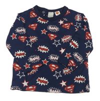 Tmavomodré triko s logy Supermana a nápisy H&M