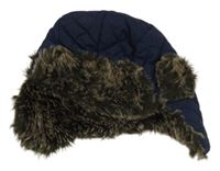 Tmavomodrá prošívaná šusťáková beranice s kožešinou F&F