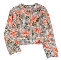 Sivo-biela kockovaná podšitá crop bunda s kvetmi