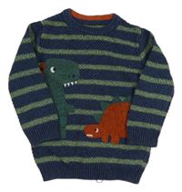 Tmavomodrdo-zelený pruhovaný svetr s dinosaury Nutmeg