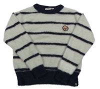 Svetlošedá -tmavomodro-ružový pruhovaný chlpatý sveter s výšivkou Garcia