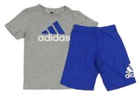2set - Sivé melírované tričko s logem + modré bavlnené kraťasy Adidas