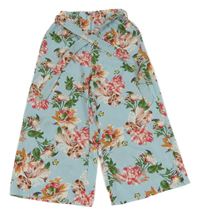 Bielo-modré pruhované ľahké culottes nohavice s kvetinami a opaskom Shein