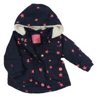 Tmavomodrá šusťáková zateplená bunda s hvězdičkami a kapucí Next