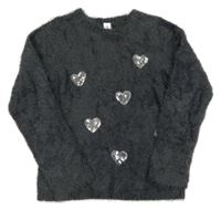 Sivý chlpatý sveter so srdíčky z flitrů Yigga