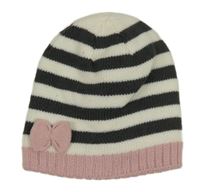 Bílo-šedo-růžová pruhovaná čepice s mašlí 