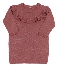 Růžové třpytivé svetrové šaty s volánkem 