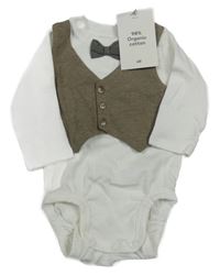 Nové - bílé body s našitou hnědou vestou a motýlkem H&M