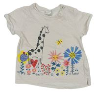 Béžové pruhované tričko s kvetmi a žírafou H&M