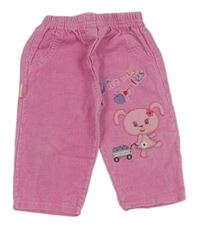 Růžové manšestráky s nápisem a výšivkou 