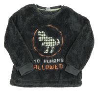 Antracitová chlpatá mikina s dinem a nápismi