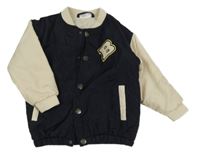 Tmavomodro-béžová šušťáková zateplená baseballová bunda s písmenem