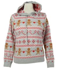 Dámsky sivo-červený vzorovaný sveter s perníčky a kapucňou zn. Primark