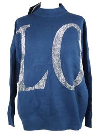 Nové - Dámský modrý svetr s nápisem z kamínků Enzoria 