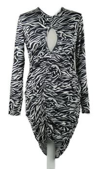 Nové -Dámske čierno-biele vzorované šaty s řasením a prestrihom