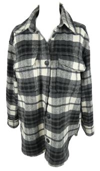 Dámská tmavošedo-bílá kostkovaná flaušová košilová oversize bunda H&M