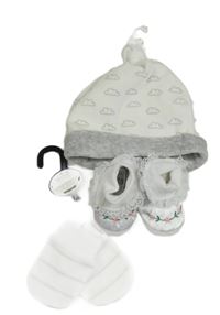 3set- bielo-sivá zamatová čapica s mráčky+ pruhované rukavice+ cápačky