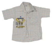 Bielo-modro-červená kockovaná košeľa s potlačou