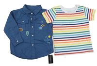 Nové - 2 set - modrá košile s nášivkami + bílo-barevné pruhované tričko Dunnes Stores
