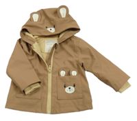 Hnedá nepromokavá jarná bunda s medvěďom a kapucňou Tu