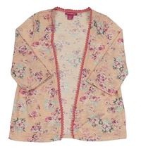 Broskvovo-ružový melírovaný úpletový cardigan s růžemi YD