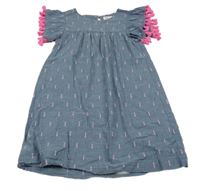 Modré vzorované šaty s ružovymi strapcemi H&M