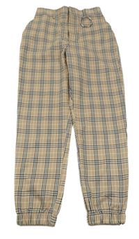 Béžovo-bielo-čierne kockované ľahké cuff nohavice