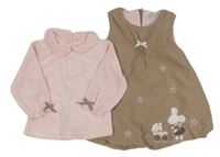 2set - Hnědé šusťákové podšité šaty s myškou + světlerůžová sametová mikkina 