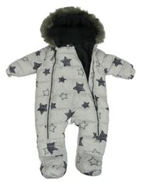 Šedá šusťáková prošívaná zimní kombinéza s hvězdičkami a kapucí F&F