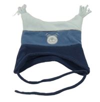 Tmavomodro-modro-světlemodrá pruhovaná fleecová ušanka s medvídkem