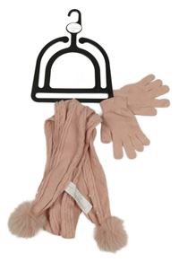 Nové - 2set - Světlerůžová pletená vzorovaná šála s bambulemi + prstové rukavice Primark