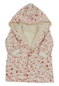 Biely šušťákový zateplený kabát s kvietkami a kapucňou Shein