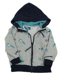 Sivo-tmavomodrá prepínaci mikina s lietadly a kapucňou Pocopiano