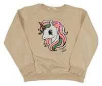 Béžová mikina s jednorožcem z překlápěcích flitrů H&M