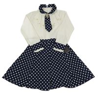 Nové - Bílo-tmavomodré šaty s puntíky a broží