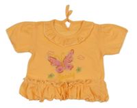 Oranžové rebrované tričko s motýlkom a volánikmi