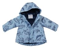 Světlemodrá šusťáková zimní bunda s dinosaury a kapucí Primark