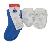 Nové - 2set - Modré ponožky s Paddingtonem + bílé rukavice so žirafami 
